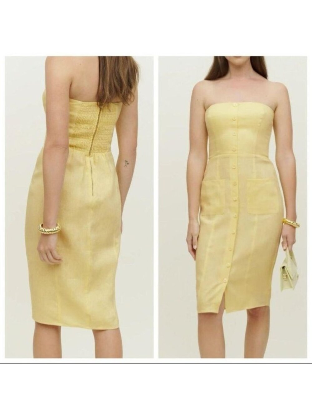 Reformation Prescott Linen Strapless‎ Midi Dress Zest Yellow Button-Front Size 4